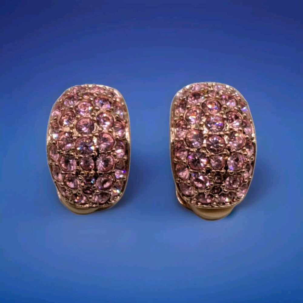 Signed Nolan Miller Pink Crystal Huggie Rhinestone Clip Earrings Rose Gold Style